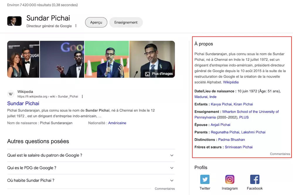 Knowledge panel Google